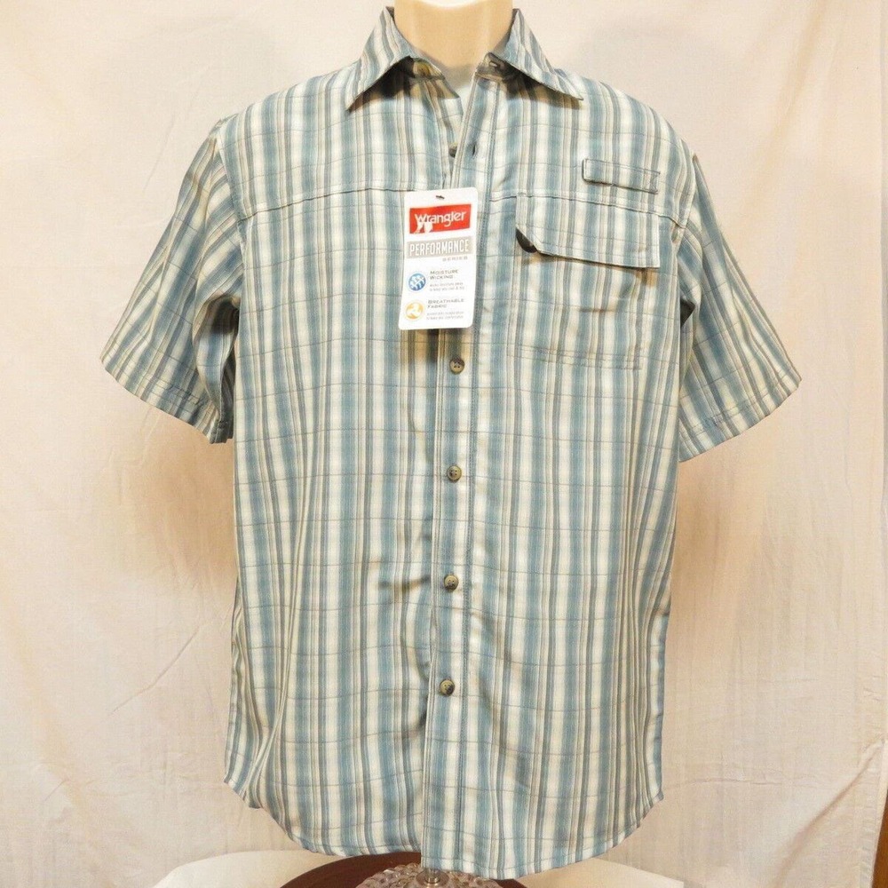 Wrangler Performance Shirt Gray and Aqua Plaid Size Small NWT Fishing Breathable